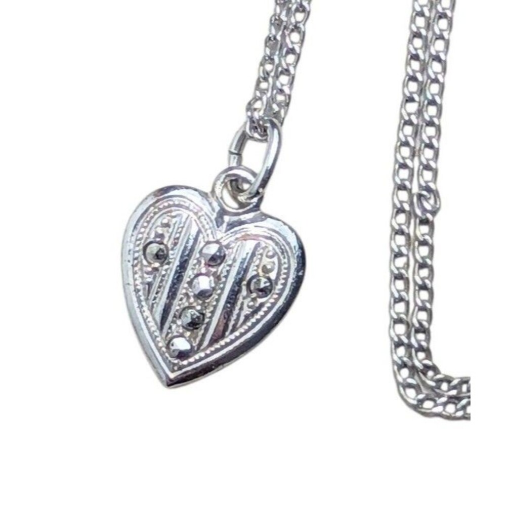 Vintage Art Deco Sterling Silver Marcasite Heart Pendant Necklace